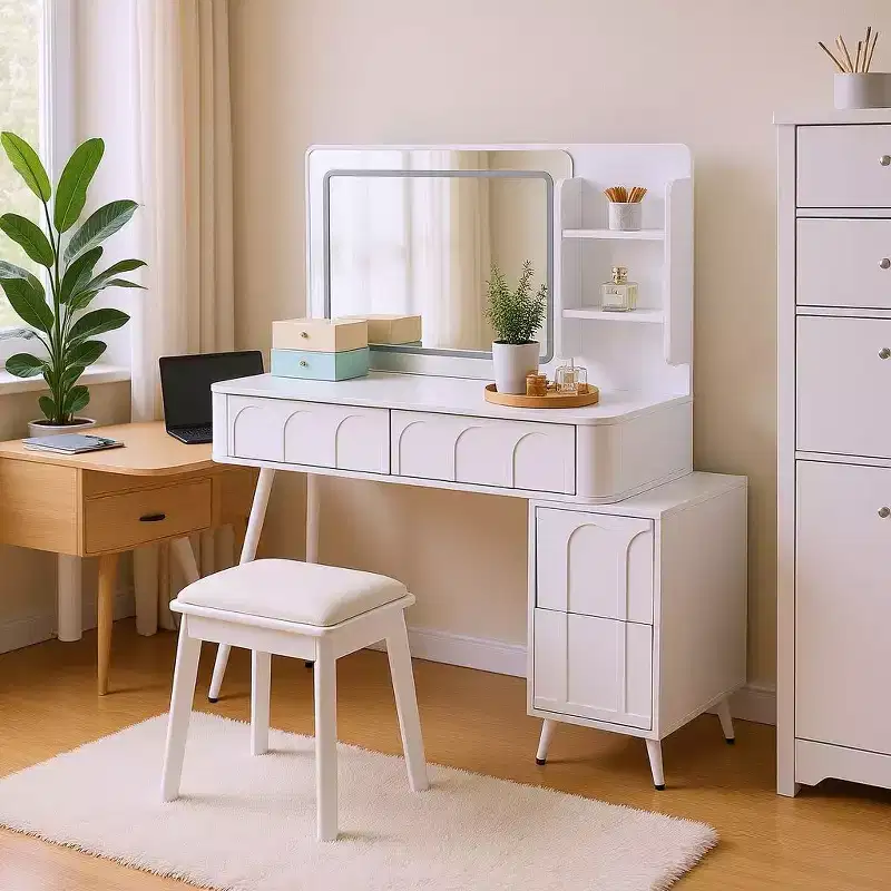 Homy Casa Vanity Desk with LED Mirror, Storage Drawers & Shelf, Stool for Bedroom or Dressing Room, White