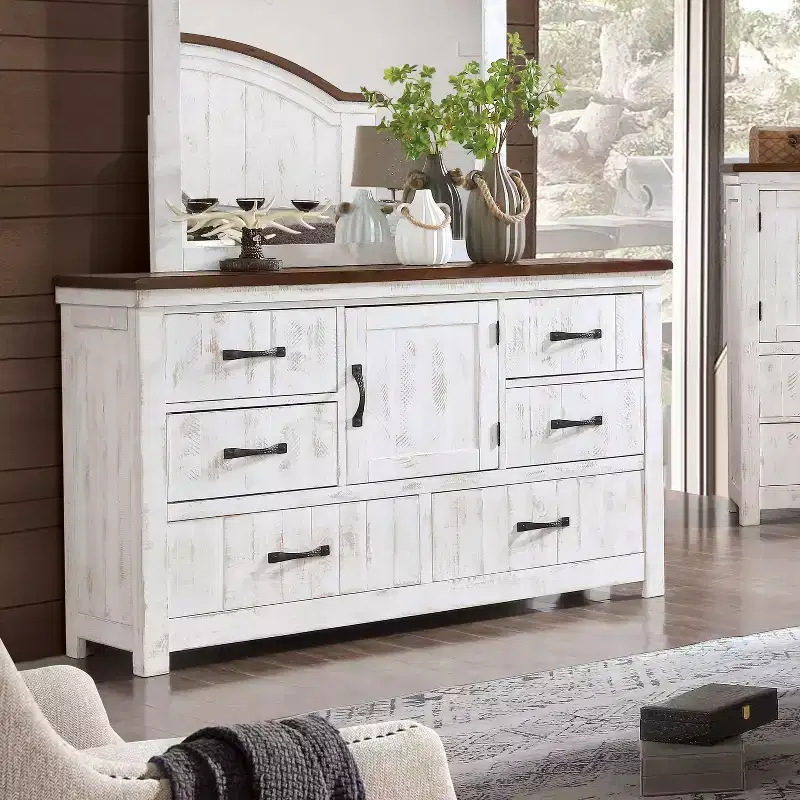 Willow Rustic 6 Drawer Dresser Distressed White/Walnut - Antique Style Storage Cabinet