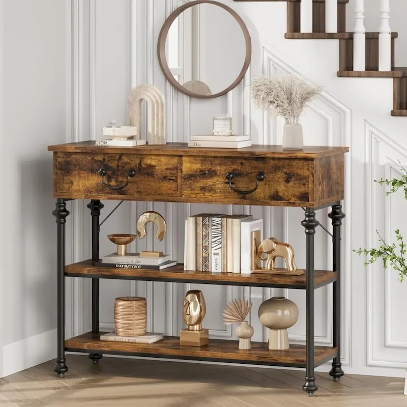 Brown & Grey Narrow Console Table with Drawers, 3-Tier, 1–2 Person Assembly