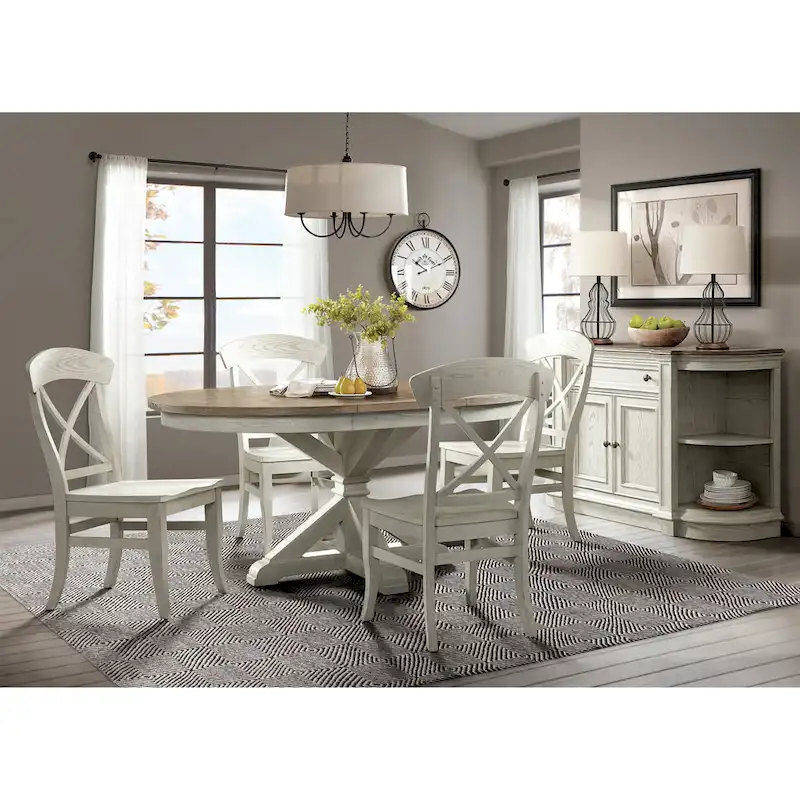Roundhill Furniture Harola 5-Piece Dining Set, Round Pedestal Dining Table with 18  Leaf, 4 Side Chairs