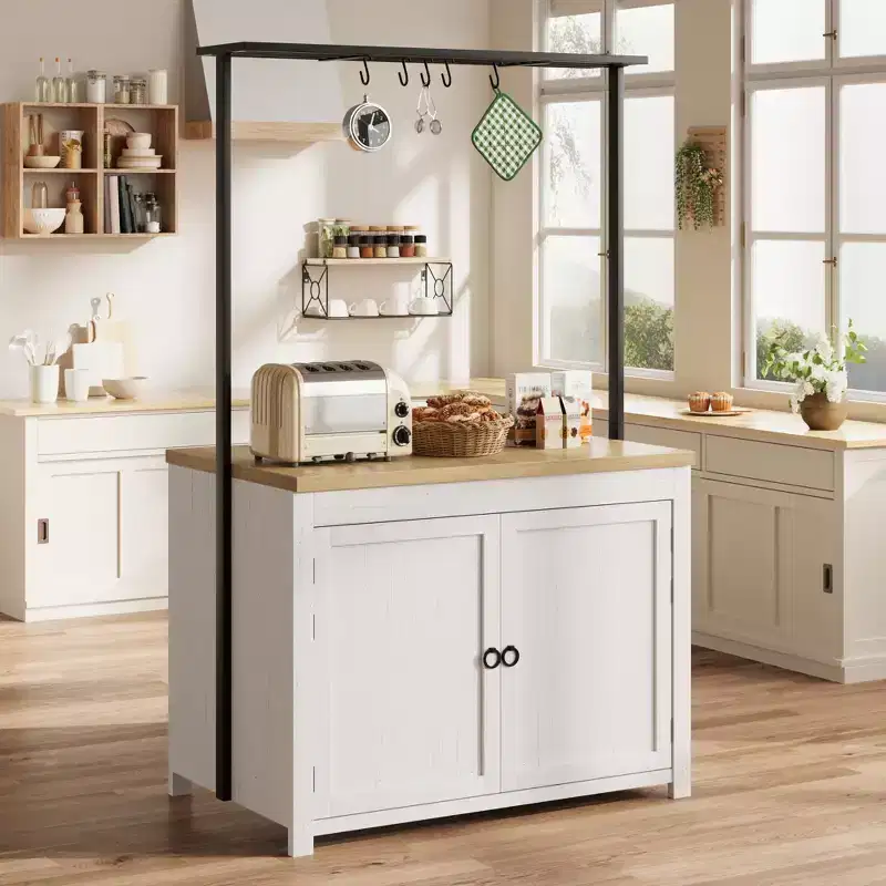 42 Kitchen Island with Storage, Heavy-Duty Multi-Functional Kitchen Cart with 30mm Thick Countertop, 2-Tier Shelves 5 Hooks