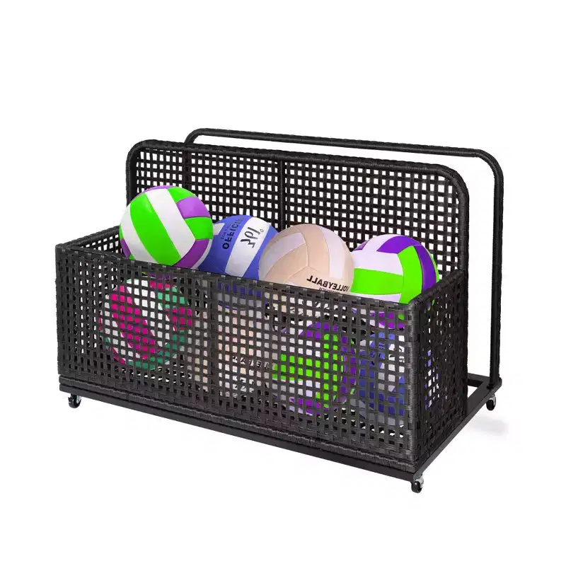 Outdoor Pool Storage Bin with Handwoven PE Rattan, Swivel Wheels & Folding Side Shelves, Gray