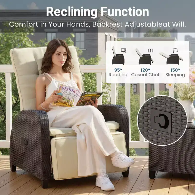 Heynemo Adjustable Rattan Recliner, Outdoor Lounge Chair with Backrest and Footrest, Weather-Resistant Wicker Patio Furniture with Storage Side Table