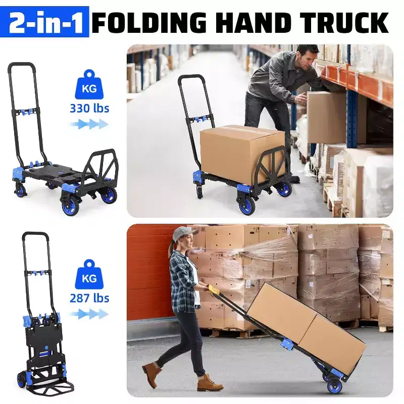 2 in 1 Folding Hand Truck Dolly, Convertible Hand Truck with Foldable Basket, Portable Dolly Cart