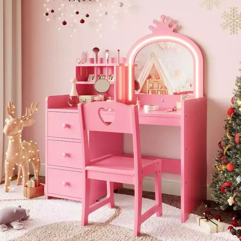 Acekool Kids White Princess Vanity Desk with Crown Mirror & LED Lights, Storage Drawers & Shelves, 2-in-1 Makeup and Activity Table with Chair