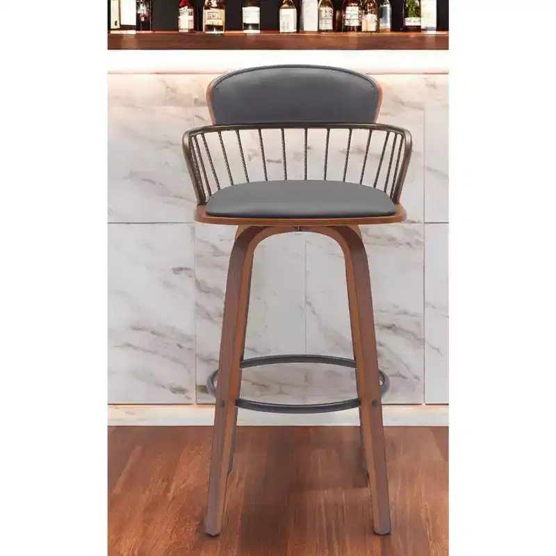 30 Gray And Wood Brown Faux Leather Swivel Low Back Bar Height Bar Chair