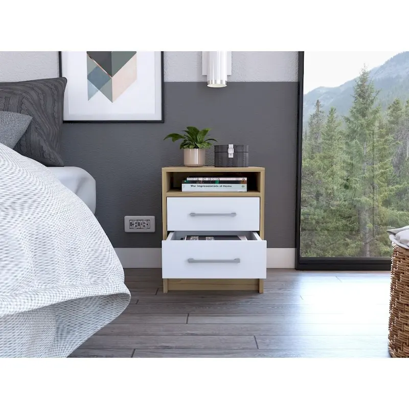 FM Furniture Philadelphia Nightstand with Two Drawers, and Concealed Shelf