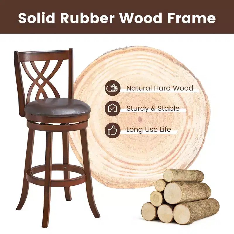 Costway Set of 2 Swivel Bar Stools Bar Height Dining Pub Chairs with Rubber Wood Legs