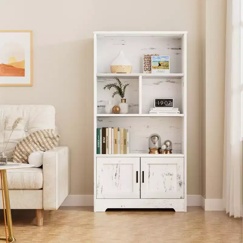 3-Shelf Bookshelf with LED Lights & Doors, Farmhouse Bookcase with Wooden Display for Bedroom Living Room Home Office