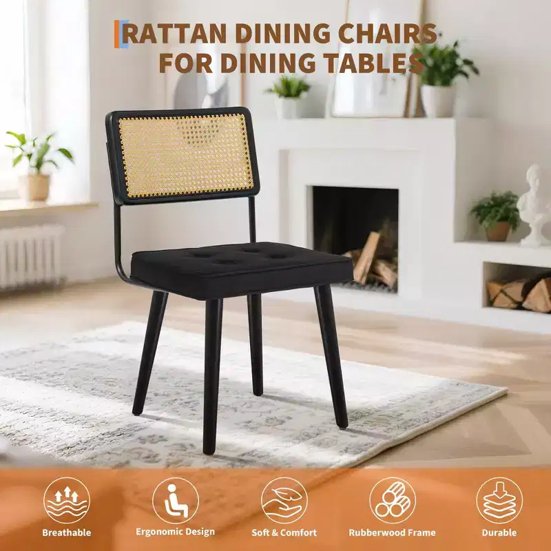 Natural Rattan Dining Chairs Set of 2 - Velvet Upholstered, Tall Cane Backrest, Strong Wood Legs, Perfect for Dining Room, Kitchen, Restaurant