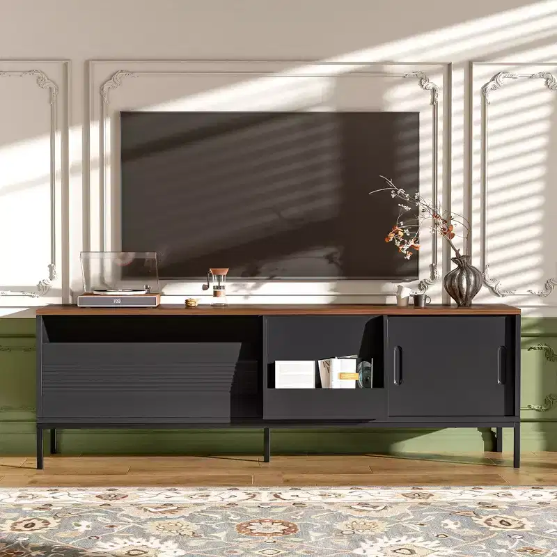 70.8''TV Stand, suitable for TVs up to 75 inches, featuring sliding doors and adjustable shelves. Mid-century modern media TV stand