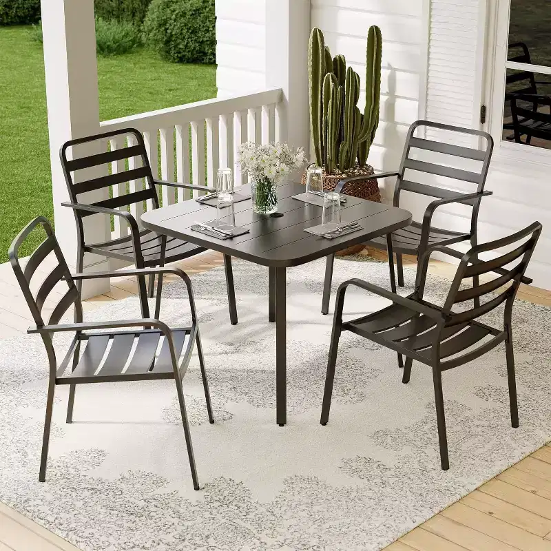 LAUSAINT HOME 5 Pieces Outdoor Dining Sets for 4, 35'' Black Metal Square Table with 1.5'' Umbrella Hole and 4 Stackable