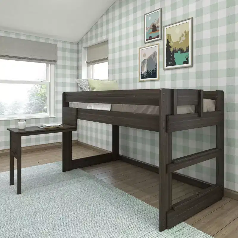 Solid Wood Loft Bed with Desk, Modern Farmhouse High Twin Loft Bed for Kids