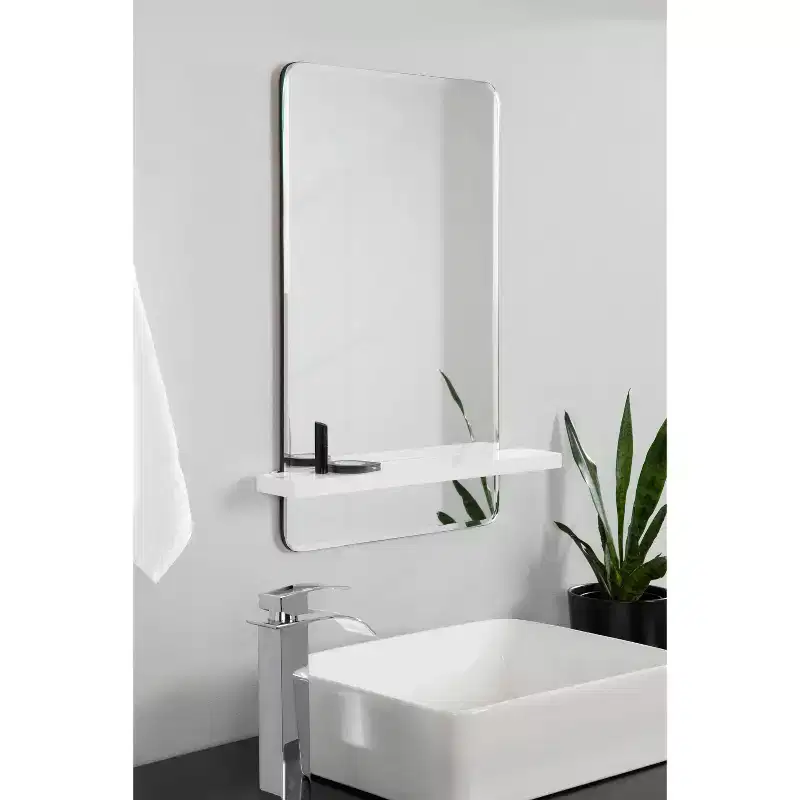 22x30 Inch Frameless Bathroom Vanity Wall Mirror with Shelf in White Mid-Century Style