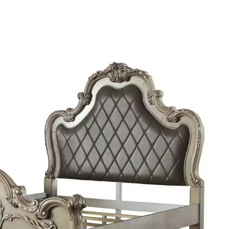 Queen Platform Bed Synthetic Leather Upholstered Headboard Vintage Bone White Finish