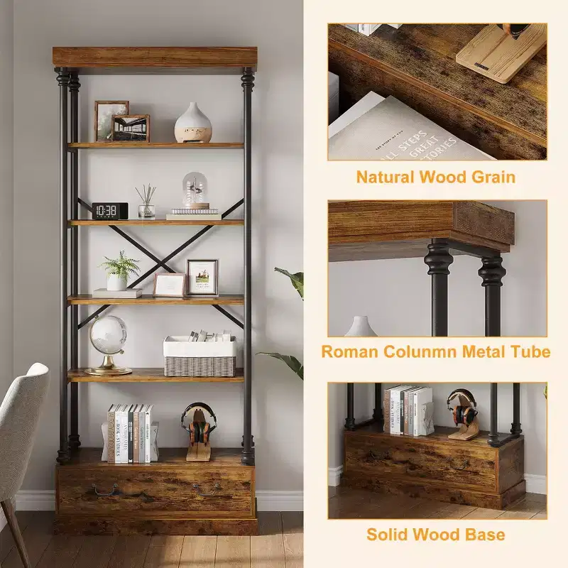 5 Tier Bookshelf with Storage Drawer, 81.3 Tall Book Shelf Vintage Bookcase W/Metal Frame, Rustic Open Bookshelf