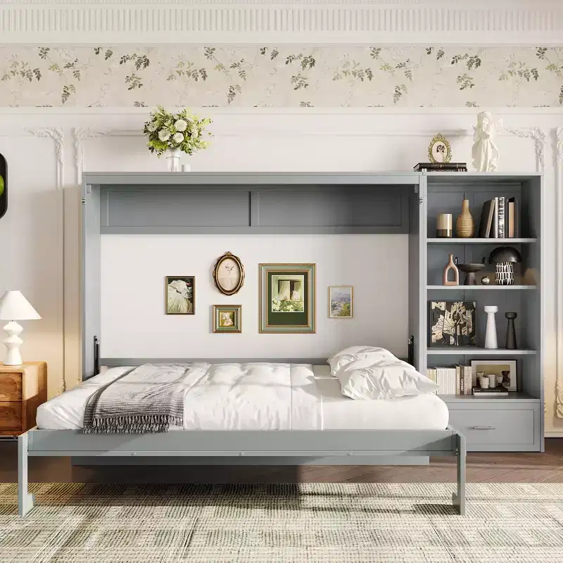 Queen Size Murphy Bed with Shelf, Wooden Queen Cabinet Bed Wall Bed with Storage Compartments, Folding Wall Chest Bed for Small Space