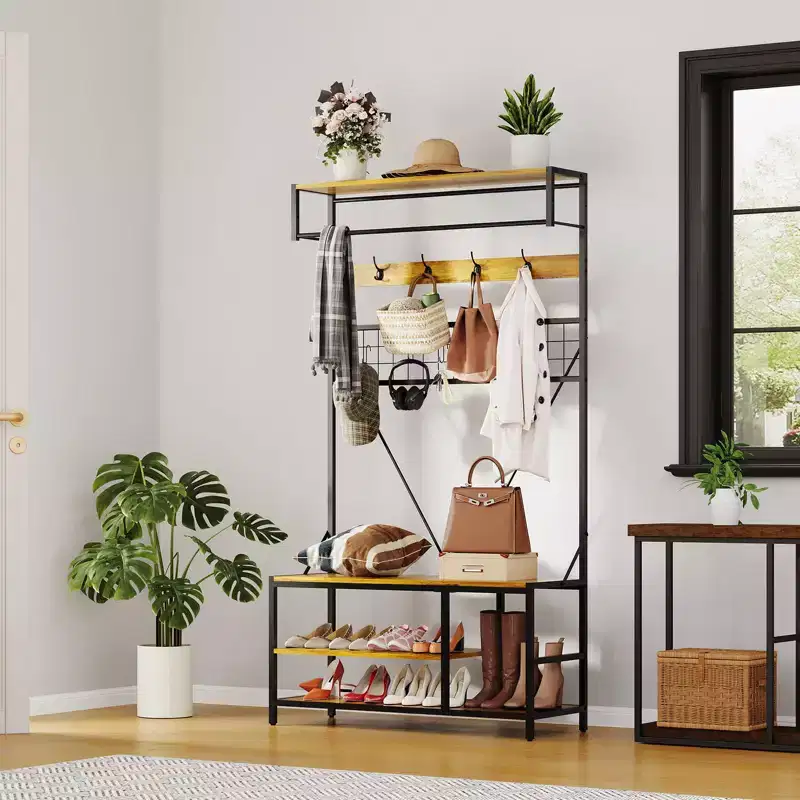 5 in 1 Hall Tree with Bench and Shoe Storage,39 Coat and Shoe Rack with Adjustable Shelf,Versatile Freestanding Clothes Rack for Bedroom