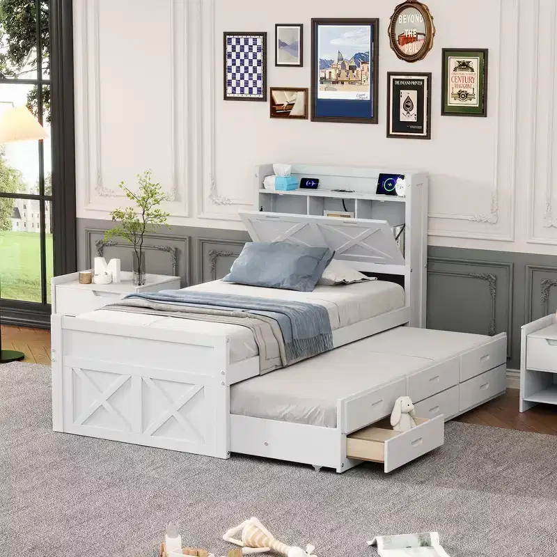 Twin Wooden Bed, Extendable Bed Frame with Twin Size Trundle, Storage Headboard, Three Drawers
