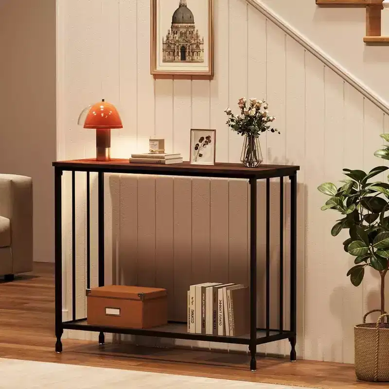 33.5/41.5 Console Table, Industrial entryway Table, Narrow Sofa Table with Glass Shelf