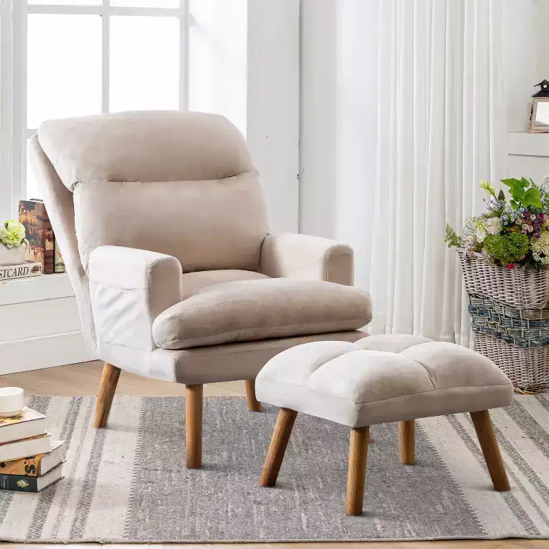 Bestier Accent Chairs with Ottoman, Velvet Fabric Armchair for Bedroom Living Room, Comfy Lounge Chair with Adjustable Backrest and Side Pocket