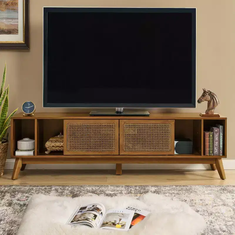 67.9-inch Mid-Century Modern Rattan-Weave Cabinet Door TV Console, suitable for TVs up to 75 inches; ideal for living rooms, walnut finish