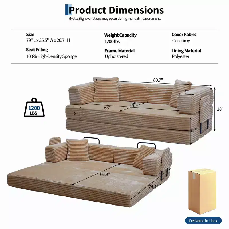 80.7 Sofa Bed,5-in-1 Convertible Sofa Bed ,Folding Corduroy Fabric Couch Bed for Living Room, Bedroom, Apartment & Dorm