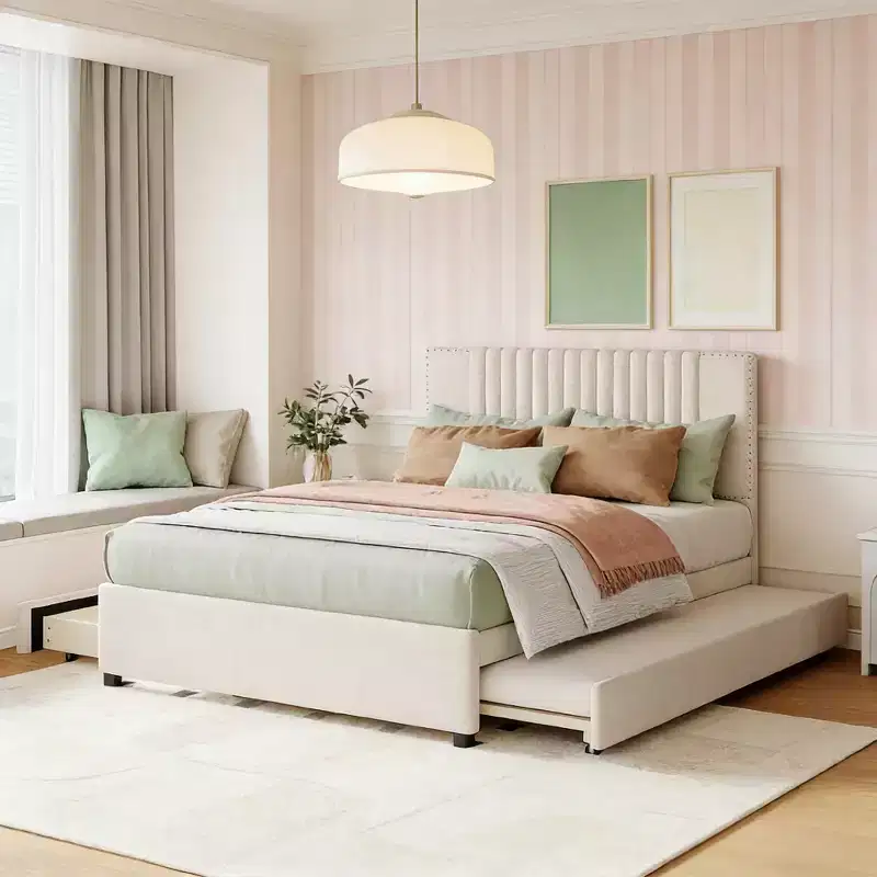Luxystar Modern Upholstered Platform Bed with 2 Drawers and 1 Trundle
