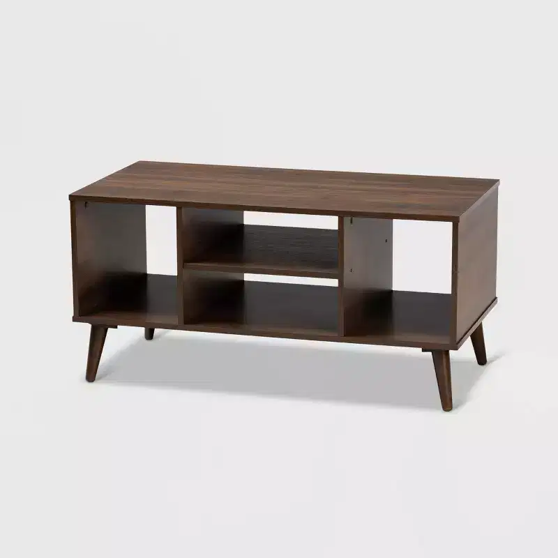 Linas Wood Coffee Table Walnut - Baxton Studio: Mid-Century Modern, Open Shelves, Rectangle, Living Room Furniture