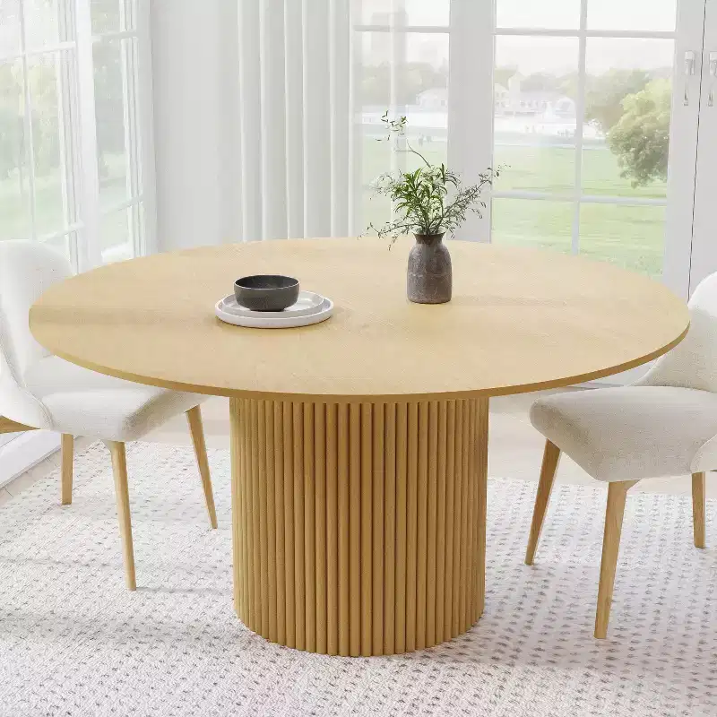 Yellow Round Solid Wood Dining Table for 6-8