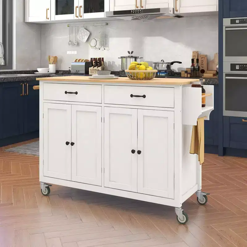 PexFix 54.3 Inch Kitchen Island Cart with Solid Wood Top and Locking Wheels 4 Door Cabinet and Two Drawers & Spice Rack & Towel Rack White