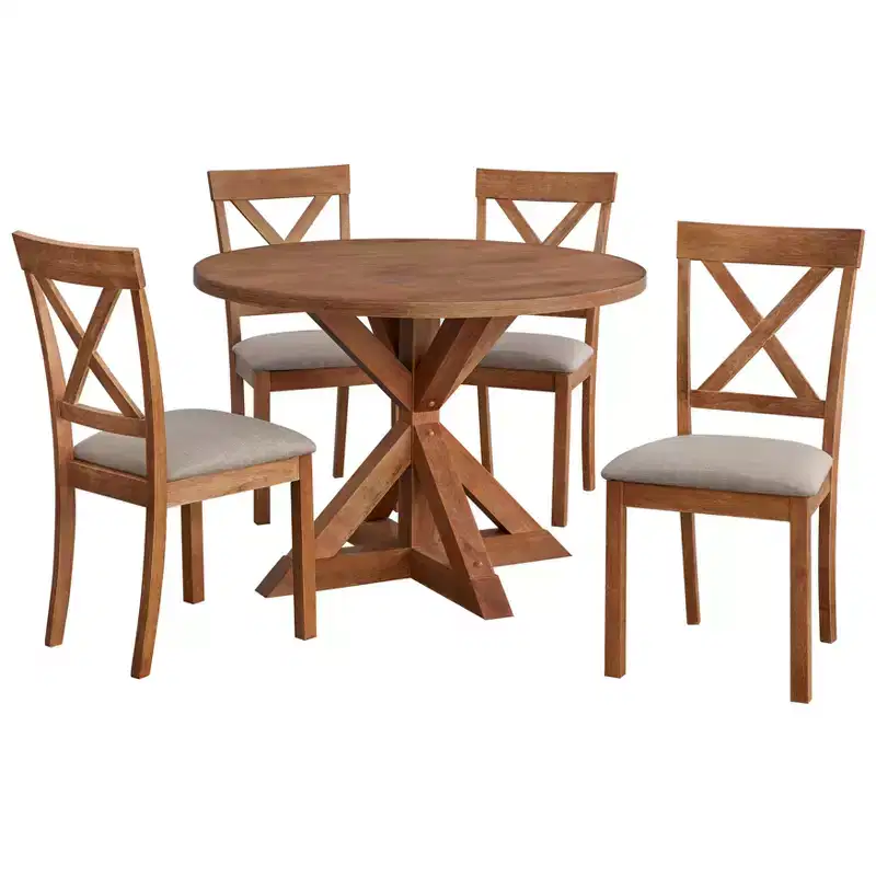 Buylateral 5pc Crenshaw Round Dining Set with Linen Cushion Chairs Driftwood : Solid Rubberwood, Linen Cushion Chairs