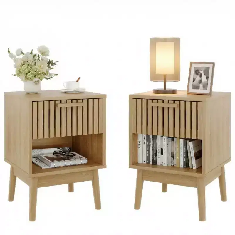 Set of 2 Boho Nightstands, Small Bedside End Tables with Drawer & Open Shelf, Wood Strip Decorated Side Tables for Bedroom, Dorm & Small Spaces