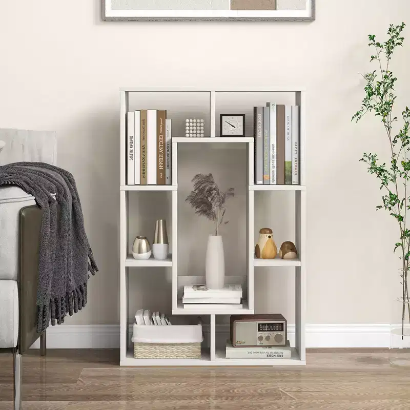 Costway 2 PCS 7-Cube Geometric Bookshelf with Anti-Toppling Device Modern Open Bookcase White/Grey/Natural