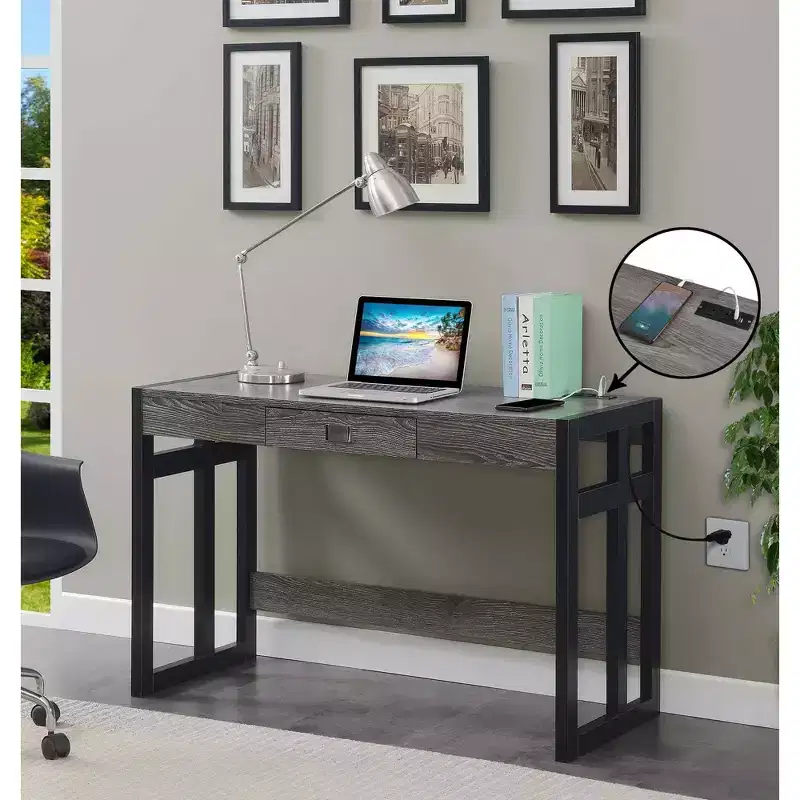 47 Monterey Desk with Charging Station Weathered Gray/Black - Breighton Home: Office Workstation with Hutch Storage