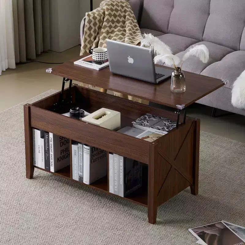 Lift Top Coffee Table with Hidden Compartment & 3 Open Shelves, Rustic Wood
