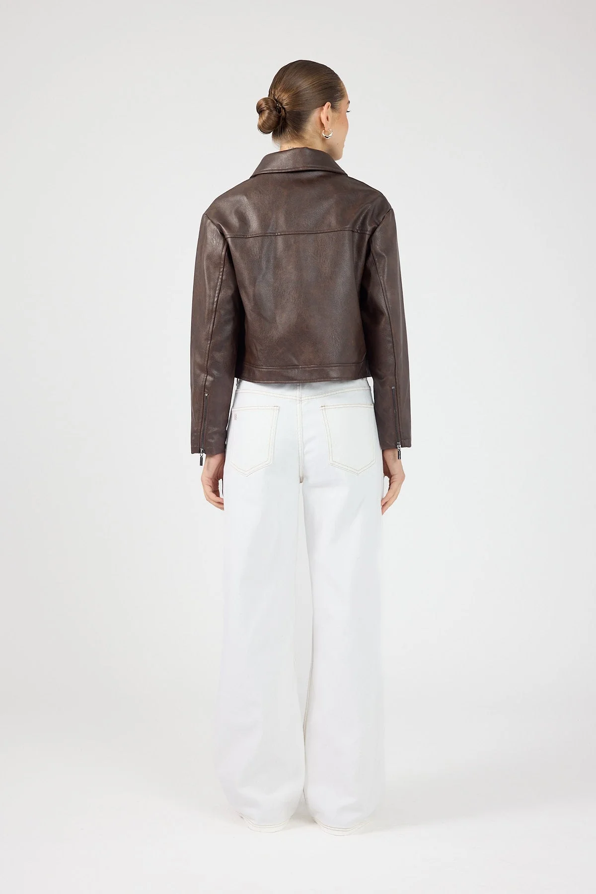 Faux Leather Zip Up Jacket Dark Brown