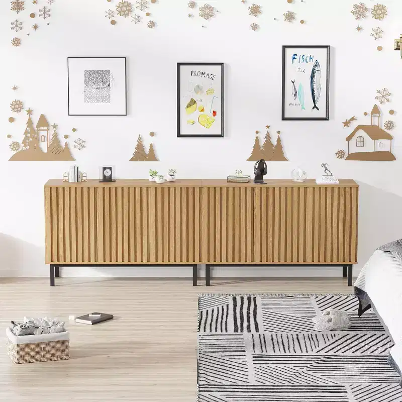 Natural Oak Sideboard Buffet Cabinet, Fluted Doors, 3/4-Door