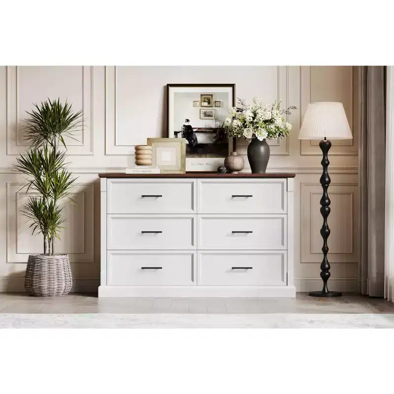 White 6 Drawer Dresser for Bedroom  Farmhouse Chest of Drawers w/Metal Handles, Rustic Wood Storage Organizer for Living Room & Hallway