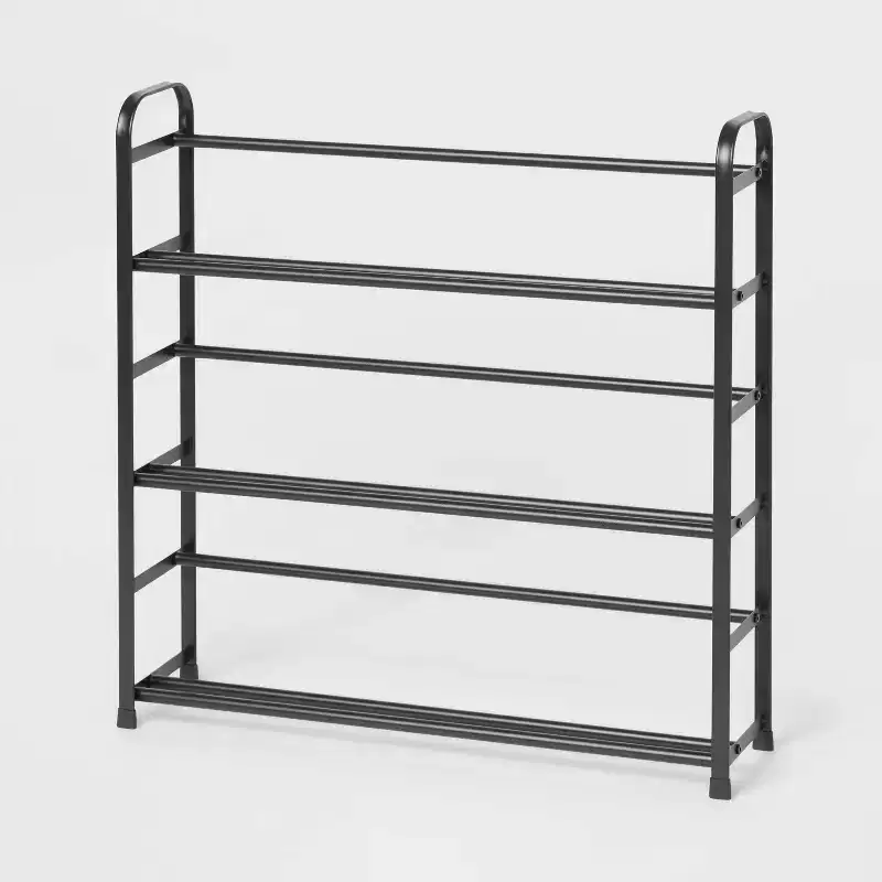 Small Space Metal Shoe Rack Black Steel Frame Freestanding Holds 9 Pairs