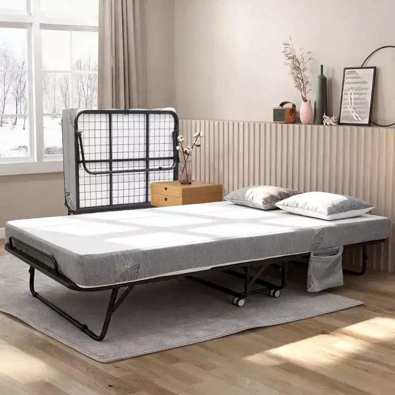 with Mattress, Portable Foldable Bed on Wheels with Side Storage Pocket for Office, Bedroom, Space Saving, Easy Storage