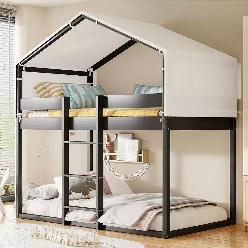 CLIHOME Rustic Twin Over Twin Wood Bunk Bed Frame with Tent and Ladder