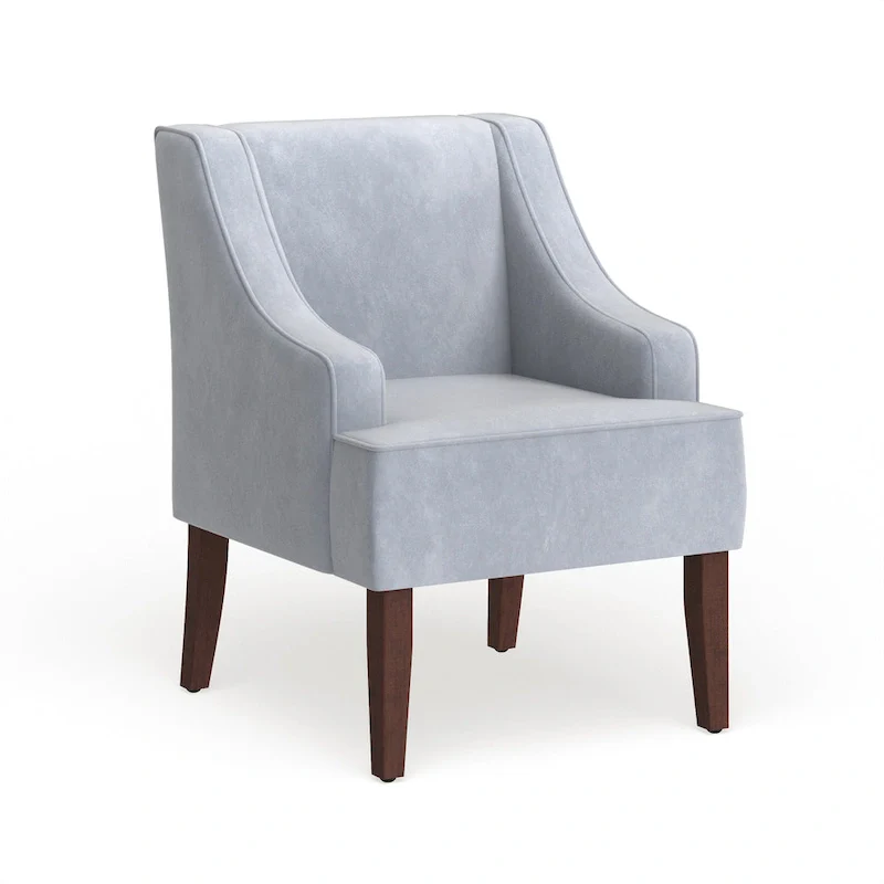 Dove Grey Velvet Swoop Arm Accent Chair – Rustic Wood Legs, 19.5