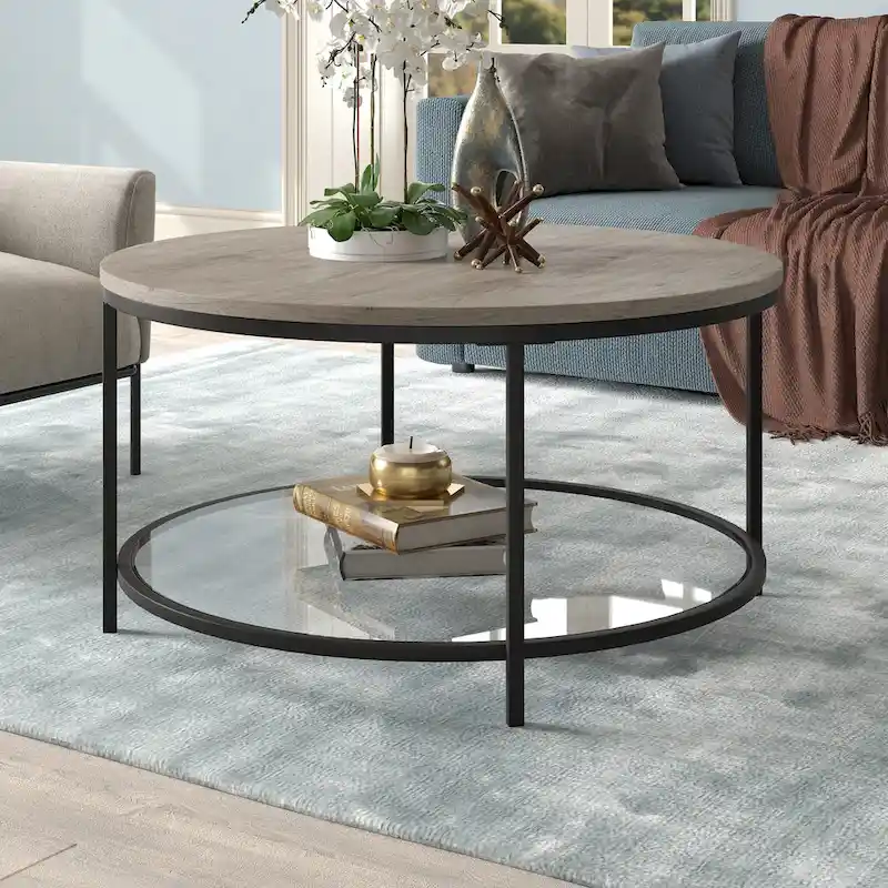 Sevilla 32 Wide Round Coffee Table with MDF Top and Glass Shelf - 32 Wide