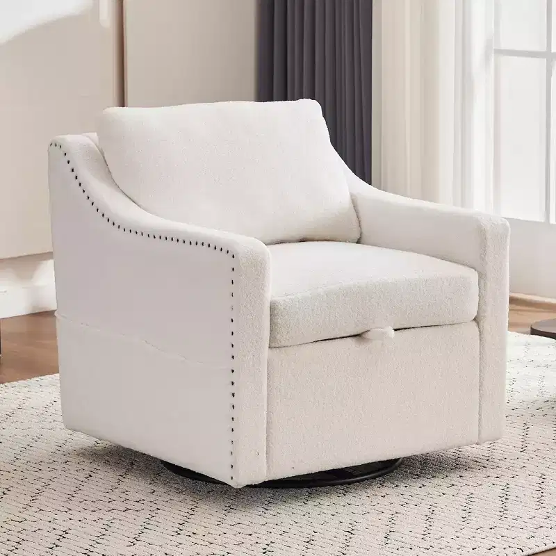 GDFStudio Marcus Modern 360 Swivel Teddy Upholstered Storage Chair with 1 Pillow