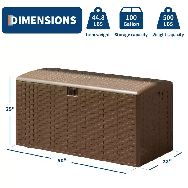 Acekool Waterproof 100-Gallon Resin Deck Box  Lockable Storage Container for Cushions, Garden Tools, Pool Accessories, Brown