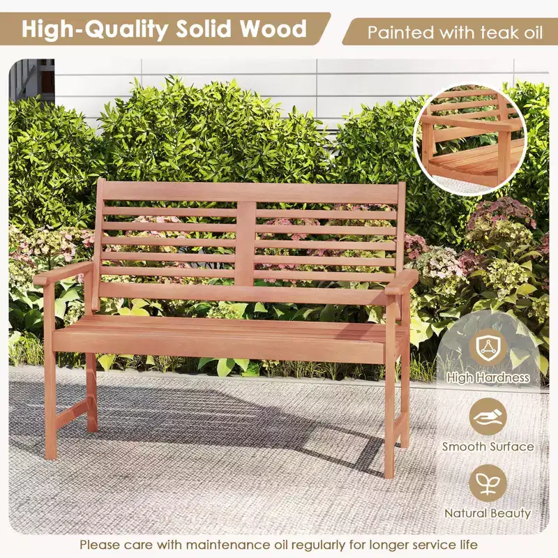 Costway Patio Solid Wood Loveseat with Inclined Backrest & Slatted Seat Teak Painting