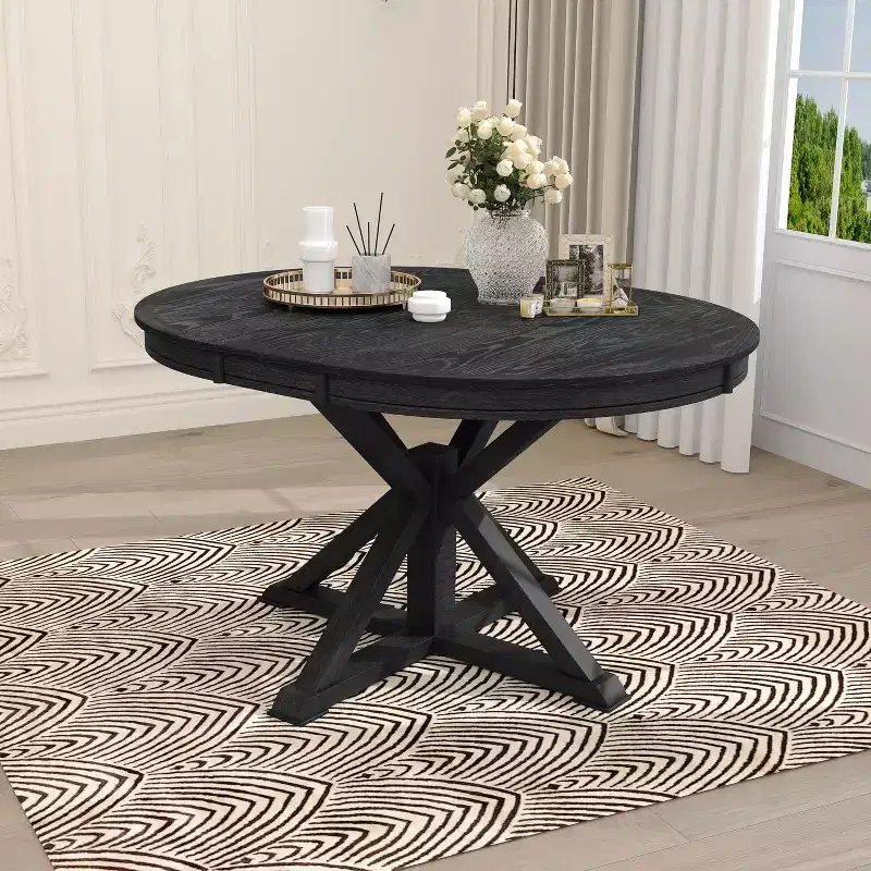 54IN Retro Extendable Dining Table, Foldable Table with a 12IN Leaf, Round Table for Dining Room, Living Room, Kitchen