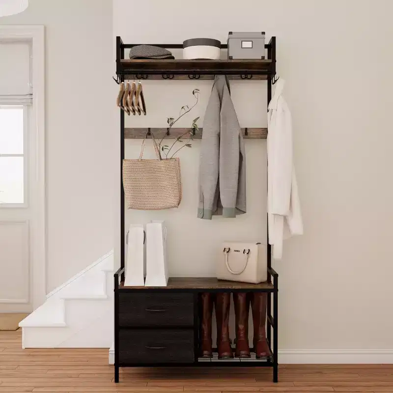 MAYEERTY Hall Tree with 2 Movable Drawers Shoe Storage Shelves and Garment Racks 5 in 1 Entryway Bench with 23 Hooks
