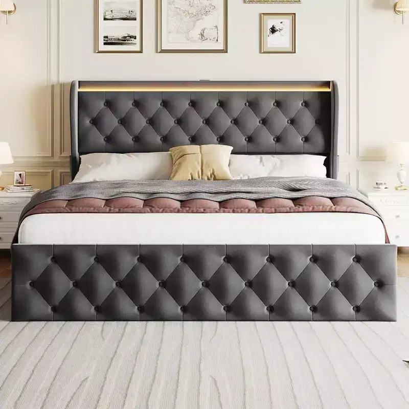 TROPOW King Size Bed Frame with Button Wingback Headboard and 4 Drawers, Velvet Upholstered Platform Bed , No Box Spring Needed